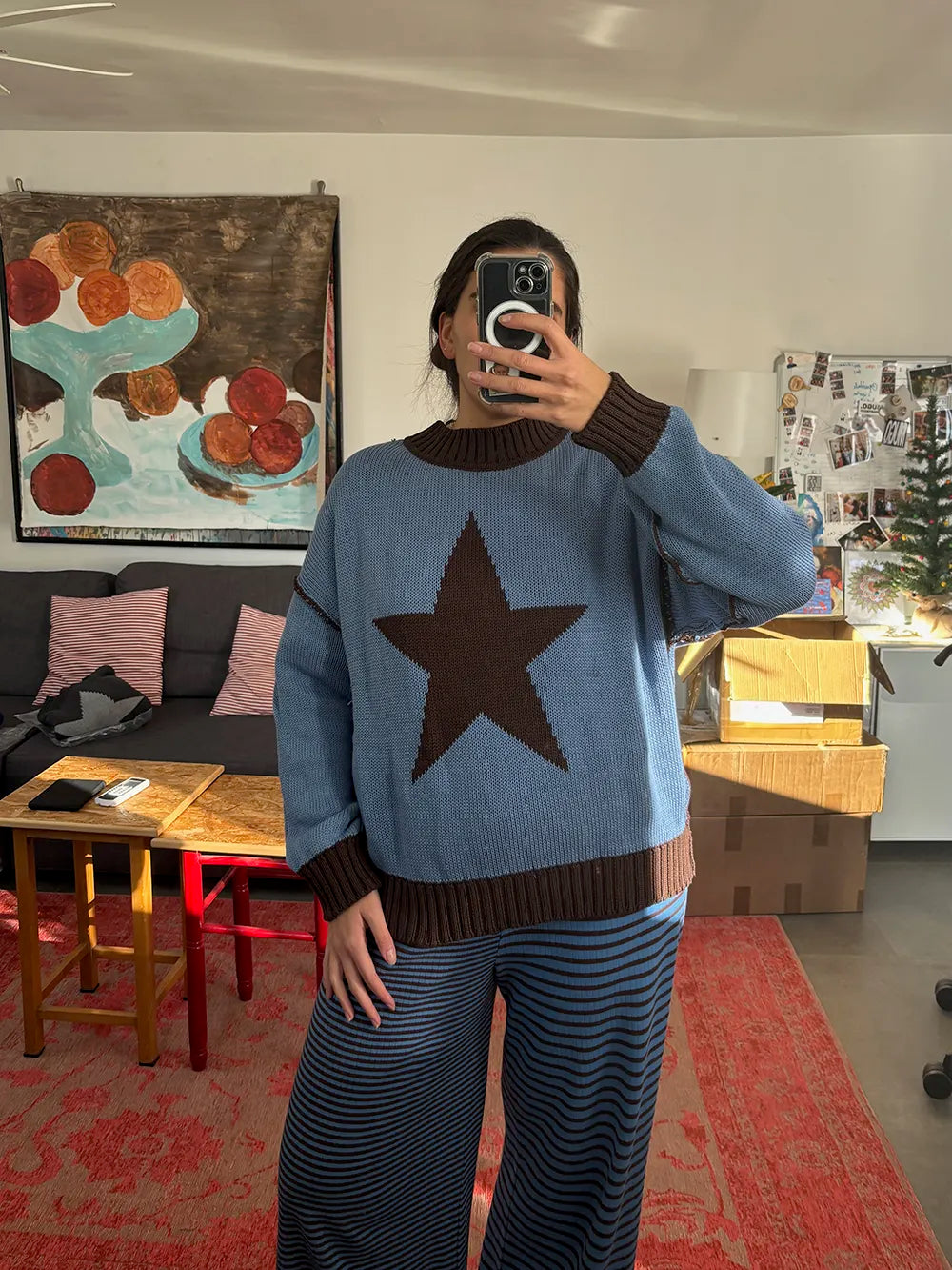 BROWN BLUE STAR DOUBLE KNIT