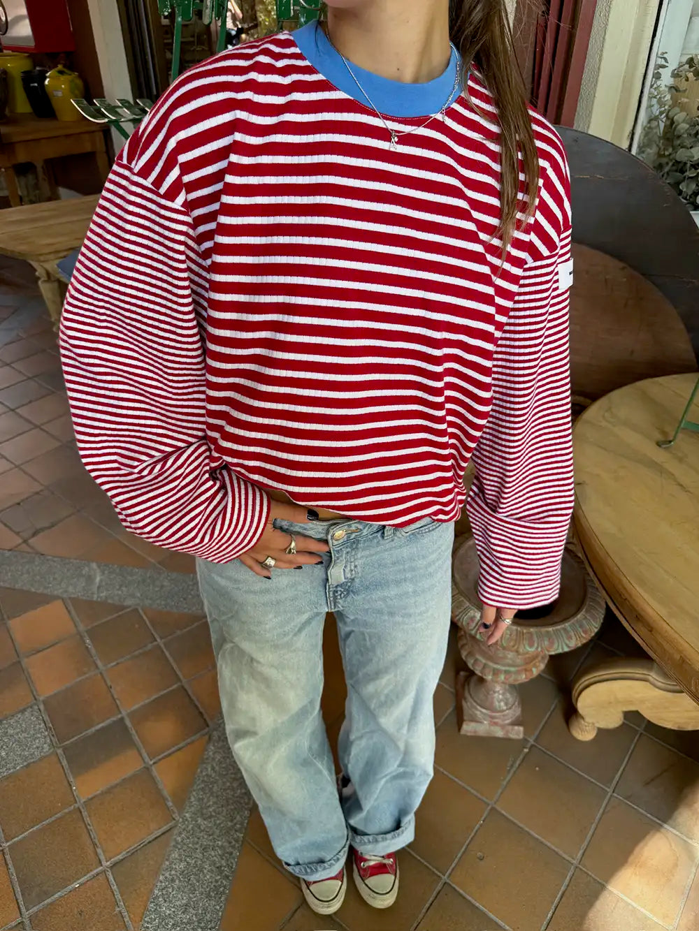 KNIT STRIPED PULLOVER RED
